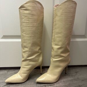 SCHUTZ - Maryana Crocodile Embossed Leather Knee High Boots in Eggshell